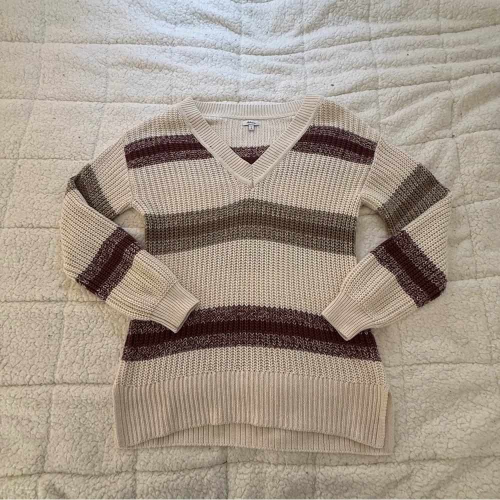 Reitmans Striped V-Neck Sweater - Cream, Brown, Burgundy